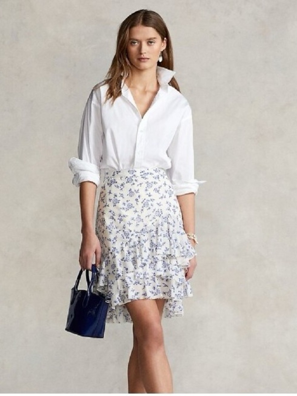 Ralph Lauren Polo White Mini Skirt with Blue Floral Ruffle Tiers Size 2 - NWT